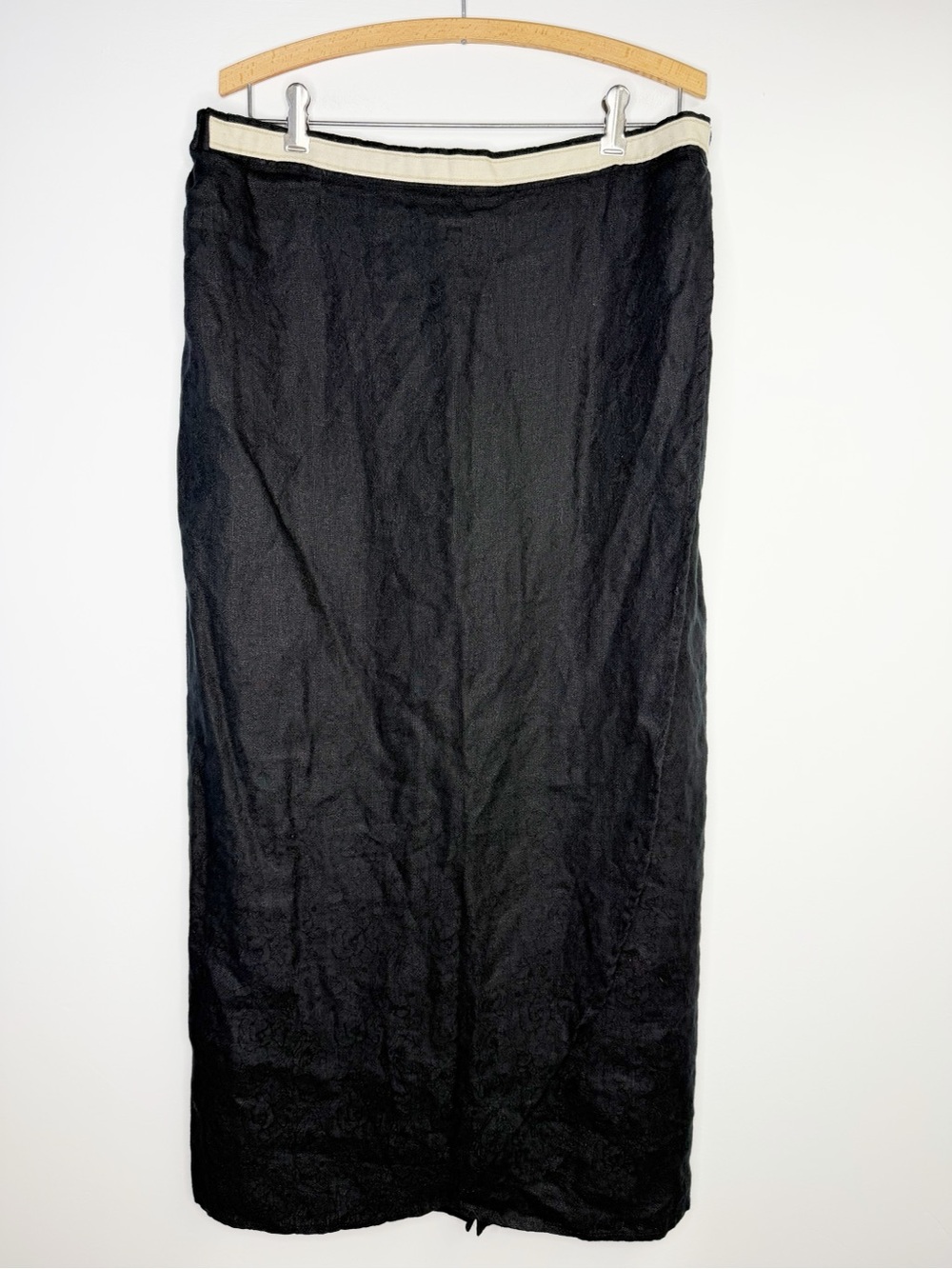Flax 100% Linen Black Embossed Skirt Midi Tan Waistband Size Large